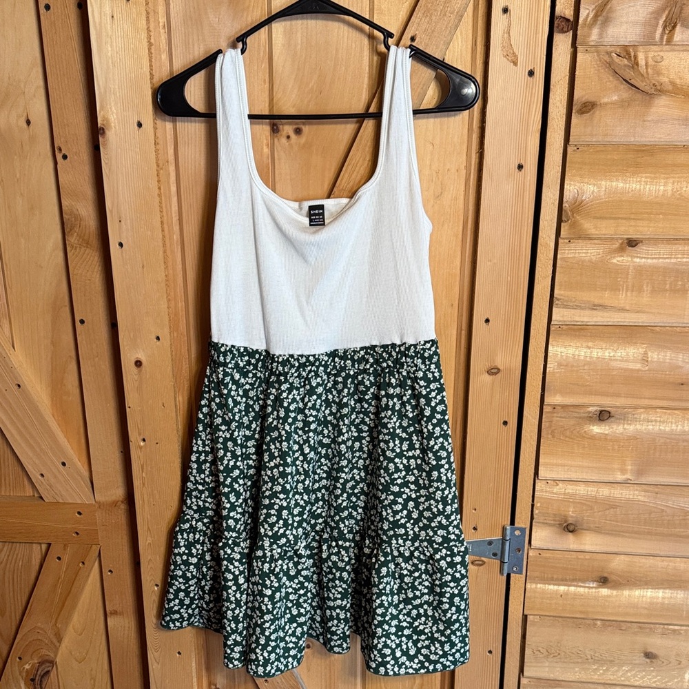SHEIN White & Dark Green Floral Midi Dress